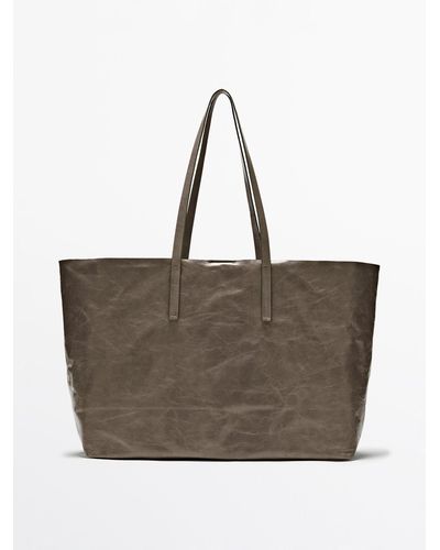 MASSIMO DUTTI Leather Tote Bag With A Crackled Finish - Brown