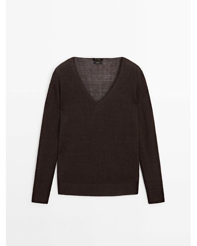 MASSIMO DUTTI 100% Linen V-Neck Sweater - Black