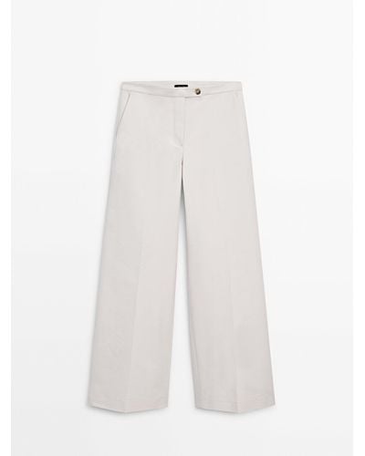 MASSIMO DUTTI Cotton Blend Wide-Leg Pants - White