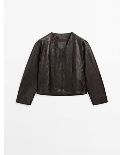 MASSIMO DUTTI Crackled Nappa Leather Jacket - Black