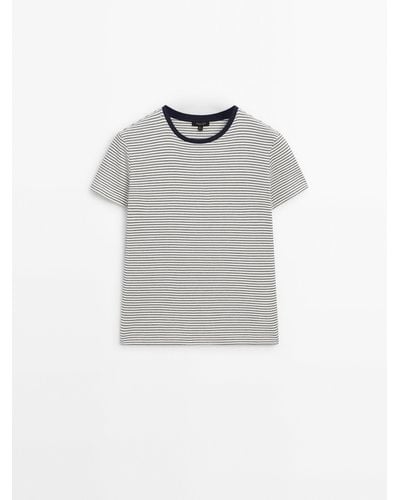 MASSIMO DUTTI Striped Cotton T-Shirt With Contrast Neckline - Gray