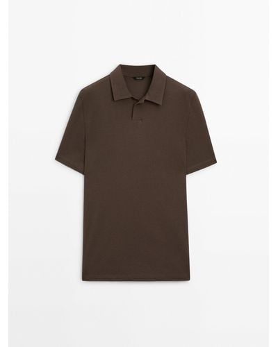 MASSIMO DUTTI Textured Short Sleeve Polo Shirt - Brown