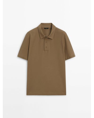 MASSIMO DUTTI Short Sleeve Diagonal Cotton Micro-Twill Polo Shirt - Natural
