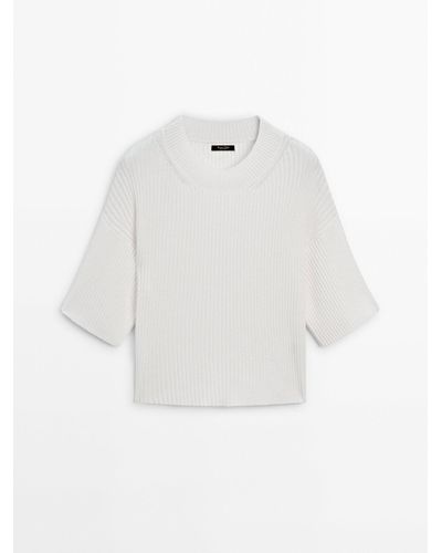 MASSIMO DUTTI Short Sleeve Knit Sweater With A Crew Neck - White