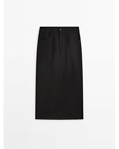 MASSIMO DUTTI Twill Midi Skirt With Back Vent - Black
