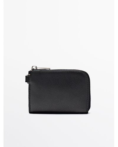 MASSIMO DUTTI Leather Wallet With Strap - Black
