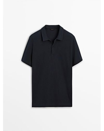 MASSIMO DUTTI Textured Short Sleeve Polo Shirt - Black