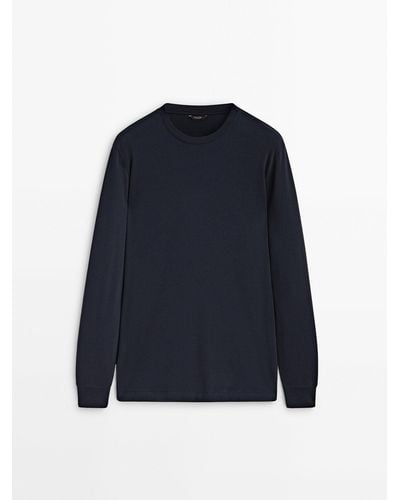 MASSIMO DUTTI 100% Cotton Long Sleeve T-Shirt - Blue