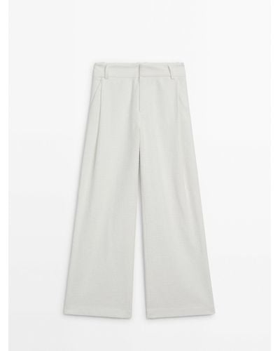 MASSIMO DUTTI Wide-Leg Textured Suit Pants With Darts - White