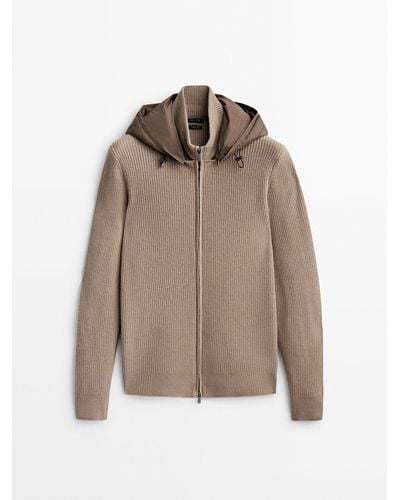 MASSIMO DUTTI Contrast Hooded Cardigan - Brown