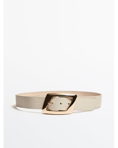 Leather belt with gold-toned buckle - Massimo Dutti