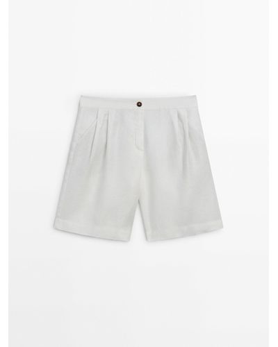 MASSIMO DUTTI 100% Linen Bermuda Shorts With Double Darts - White