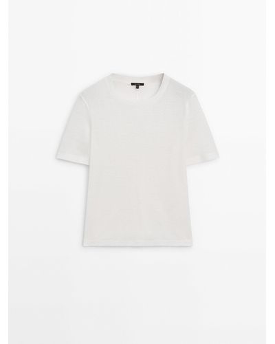 MASSIMO DUTTI 100% Linen Short Sleeve T-Shirt - White