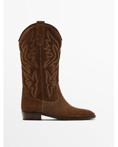 MASSIMO DUTTI Split Suede Embroidered Cowboy Boots - Brown