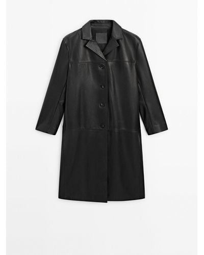 MASSIMO DUTTI Long Straight Fit Nappa Leather Coat - Black