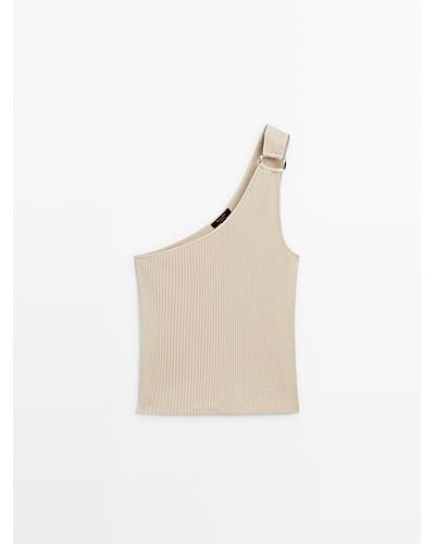 MASSIMO DUTTI Asymmetric Ribbed Top With Piece Detail - White