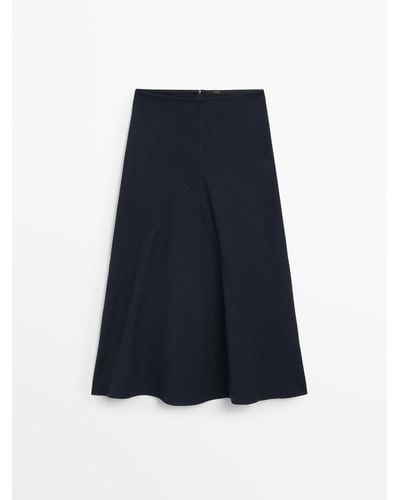 MASSIMO DUTTI Cotton Midi Skirt With Seam Details - Blue
