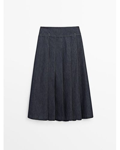 MASSIMO DUTTI Denim Flounce Midi Skirt With Seams - Blue