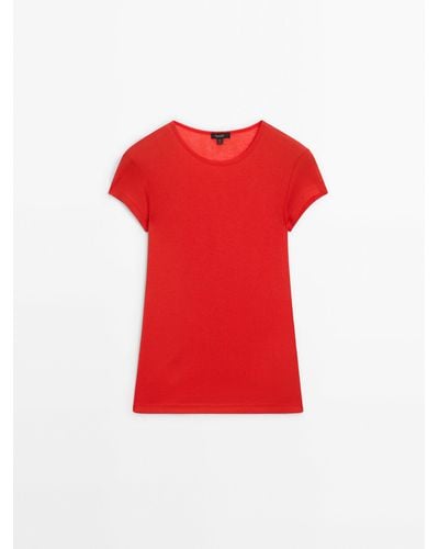 MASSIMO DUTTI Short Sleeve T-Shirt With Ribbed Detail - Red