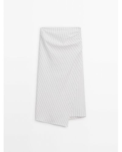 MASSIMO DUTTI Striped Midi Skirt With Pleat Detail - White