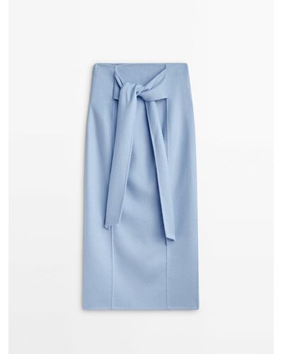 MASSIMO DUTTI Wool Blend Skirt With Knot Detail - Studio - Blue