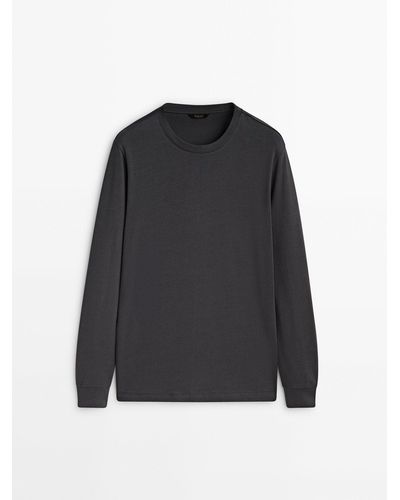 MASSIMO DUTTI 100% Cotton Long Sleeve T-Shirt - Black