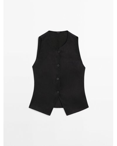 MASSIMO DUTTI Buttoned Stretch Linen Blend Waistcoat - Black