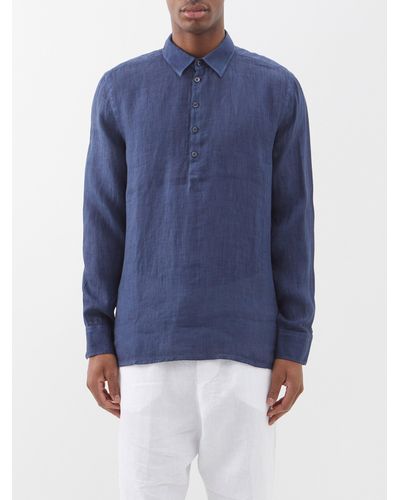 120% Lino 120% Lino ハーフボタン リネンボイルシャツ - ブルー