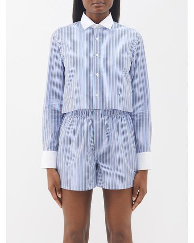 HOMMEGIRLS Contrast-collar Striped Cotton Cropped Shirt - Blue