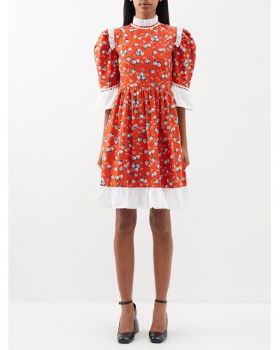 BATSHEVA Spring Hydrangea-print Cotton-poplin Mini Dress - Red