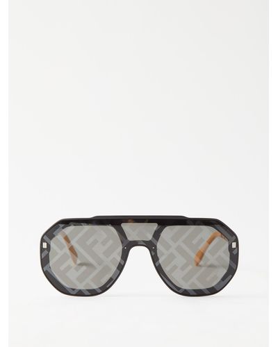 Fendi Ff-print Shield-lens Aviator Sunglasses - Grey