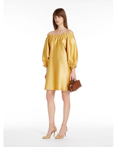 Max Mara Short Dress In Silk-blend Shantung - Yellow