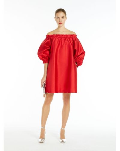 Max Mara Short Dress In Silk-blend Shantung - Red