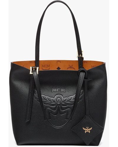 MCM Himmel Shopper In Embossed Logo Leather - Black