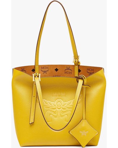 MCM Himmel Shopper In Embossed Logo Leather - Yellow