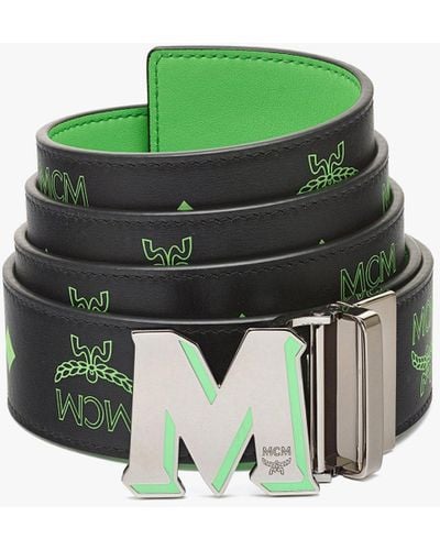MCM Claus Epoxy M Reversible Belt 1.5" In Color Splash Logo Leather - Green