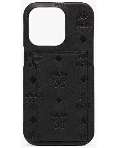 MCM Iphone 14 Pro Case In Embossed Monogram Leather - Black