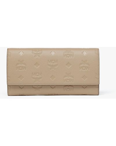MCM Aren Continental Wallet In Embossed Monogram Leather - Natural