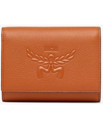 MCM Himmel Trifold Wallet In Embossed Logo Leather - Orange