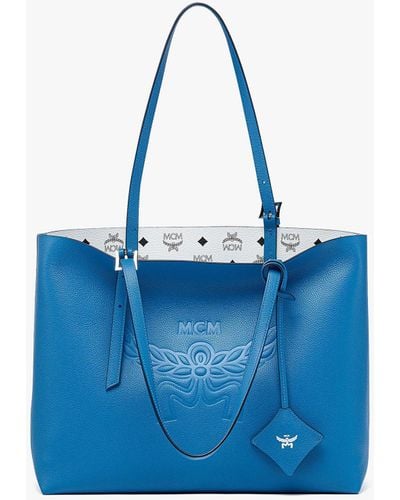 MCM Himmel Shopper In Embossed Logo Leather - Blue