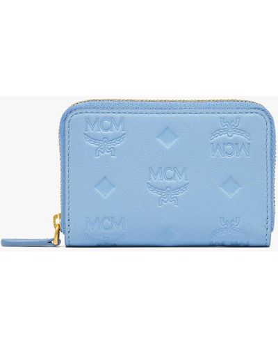 MCM Aren Zip Around Wallet In Embossed Monogram Leather - Blue