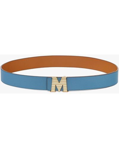 MCM Claus Fluted M Reversible Belt 1.5" In Embossed Leather - Blue