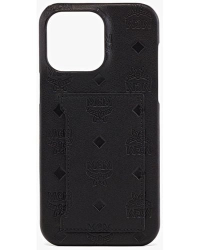 MCM Iphone 14 Pro Max Case In Embossed Monogram Leather - Black