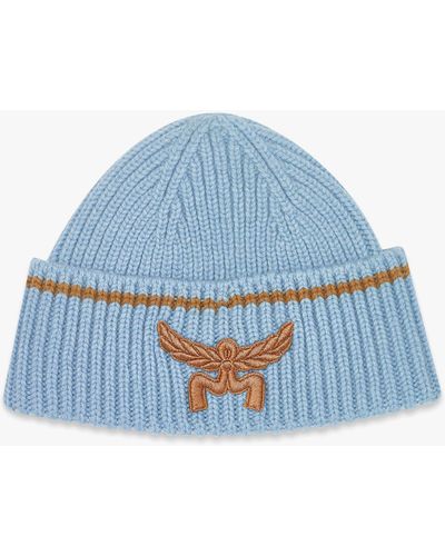 MCM Logo Beanie In Wool And Recycled Cashmere - Blue