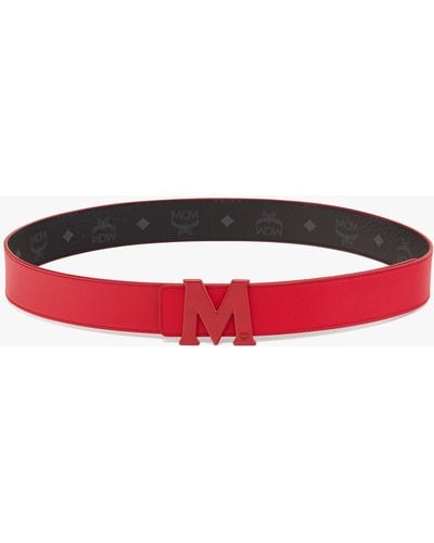 MCM Claus M Reversible Belt Visetos Monogram Red/Silver in Coated