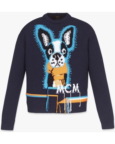 MCM Intarsia M Pup Sweater In Wool - Blue