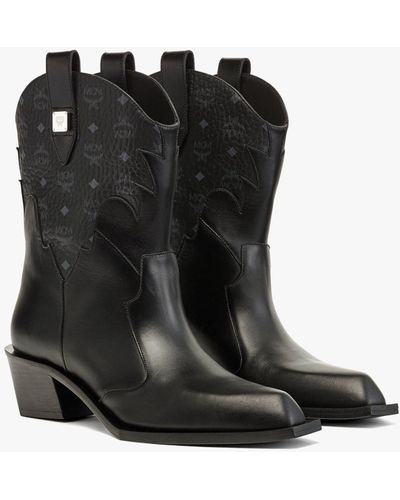 MCM Cyber Cowboy Boots In Visetos Leather Mix - Black