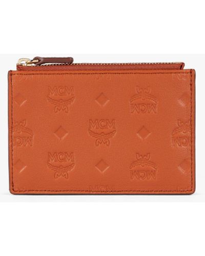 MCM Aren Zip Card Case In Embossed Monogram Leather - Orange