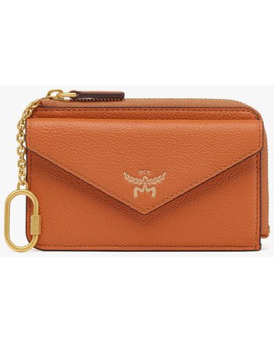 MCM Himmel Zip Around Card Case In Embossed Leather - Orange