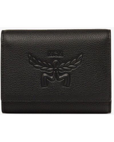MCM Himmel Trifold Wallet In Embossed Logo Leather - Black